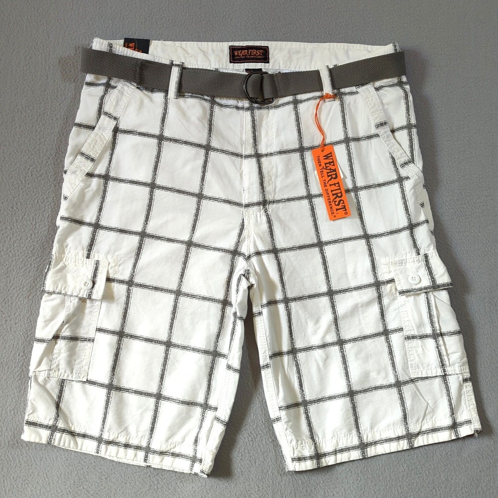 Wear First Mens Cargo Shorts Size 36 White Grey Plaid Belted Cotton Nylon Blend